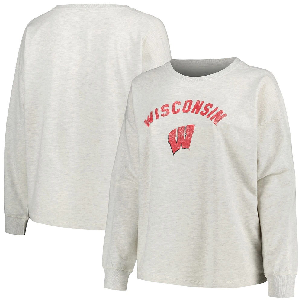 Women's Profile Oatmeal Wisconsin Badgers Plus Distressed Arch Over Logo Neutral Boxy Pullover Sweatshirt