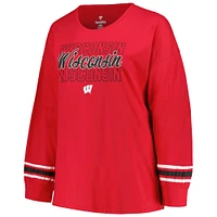 T-shirt à manches longues encolure dégagée et triple inscription rouge Wisconsin Badgers pour femme