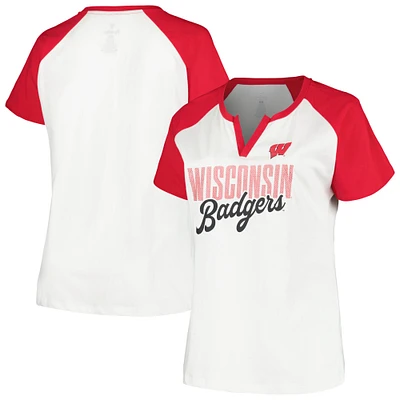 Profil pour femme Blanc/Rouge Wisconsin Badgers Grande taille Best Squad Shimmer Raglan Col cranté T-shirt