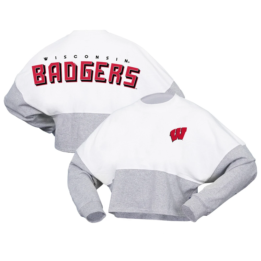 T-shirt court en Jersey à manches longues pour femme Spirit Badgers du Wisconsin blanc chiné