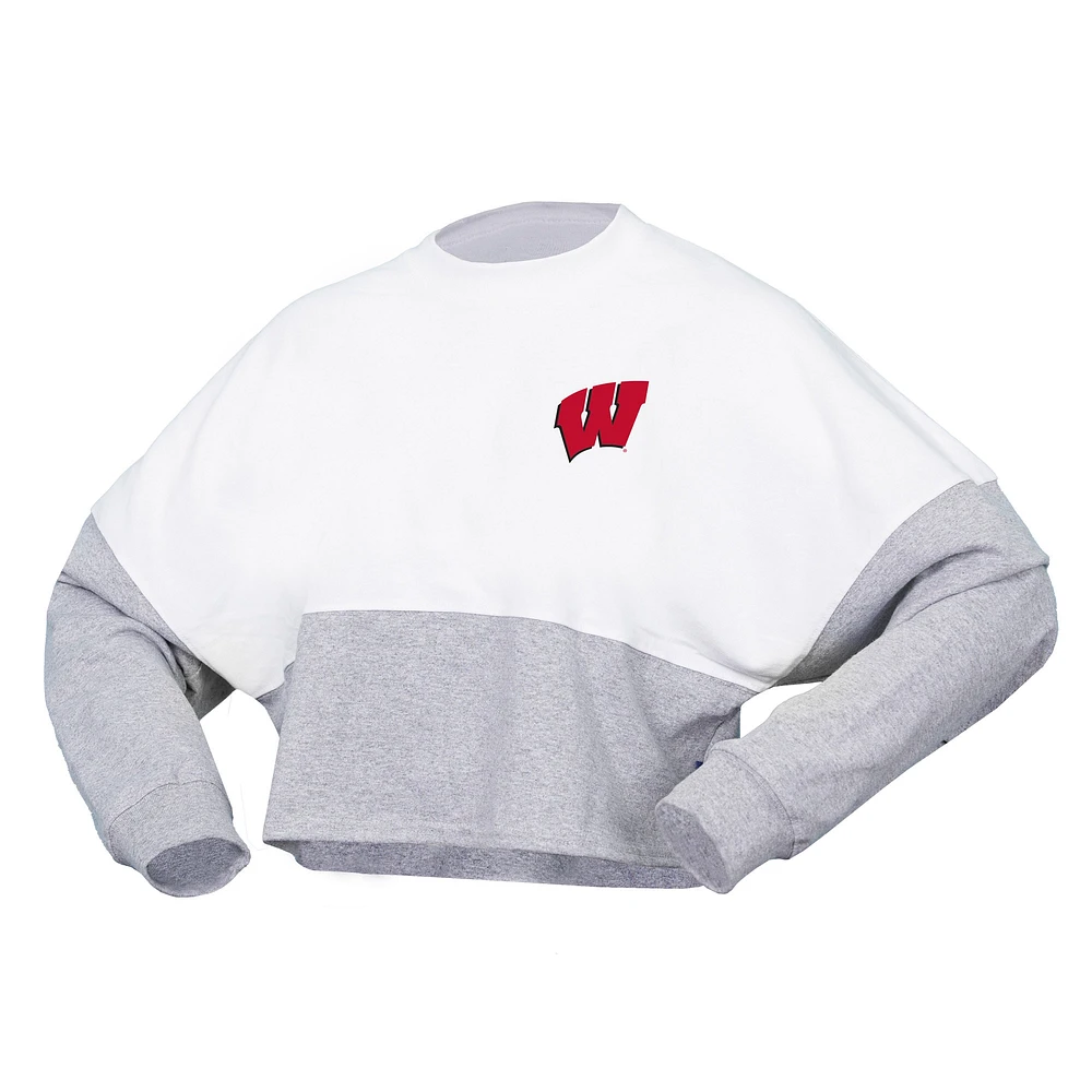 Women's Spirit Jersey  White Wisconsin Badgers Heather Block Cropped Long Sleeve T-Shirt