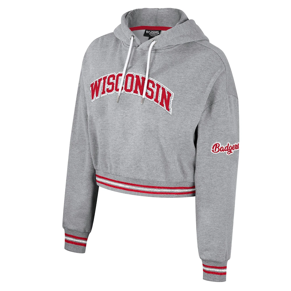 Sweat à capuche court scintillant pour femmes The Wild Collective Heather Grey Wisconsin Badgers