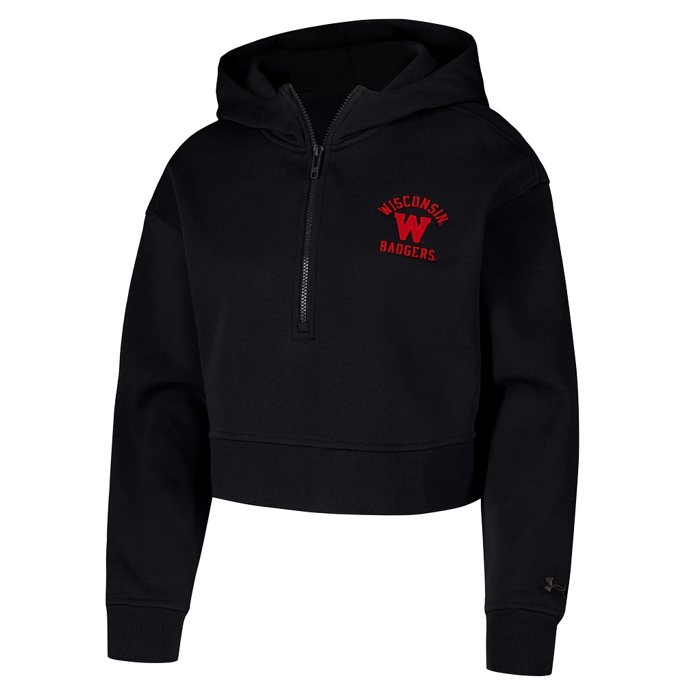 Women's Under Armour Black Wisconsin Badgers Inline Modest Cropped Half-Zip Hoodie