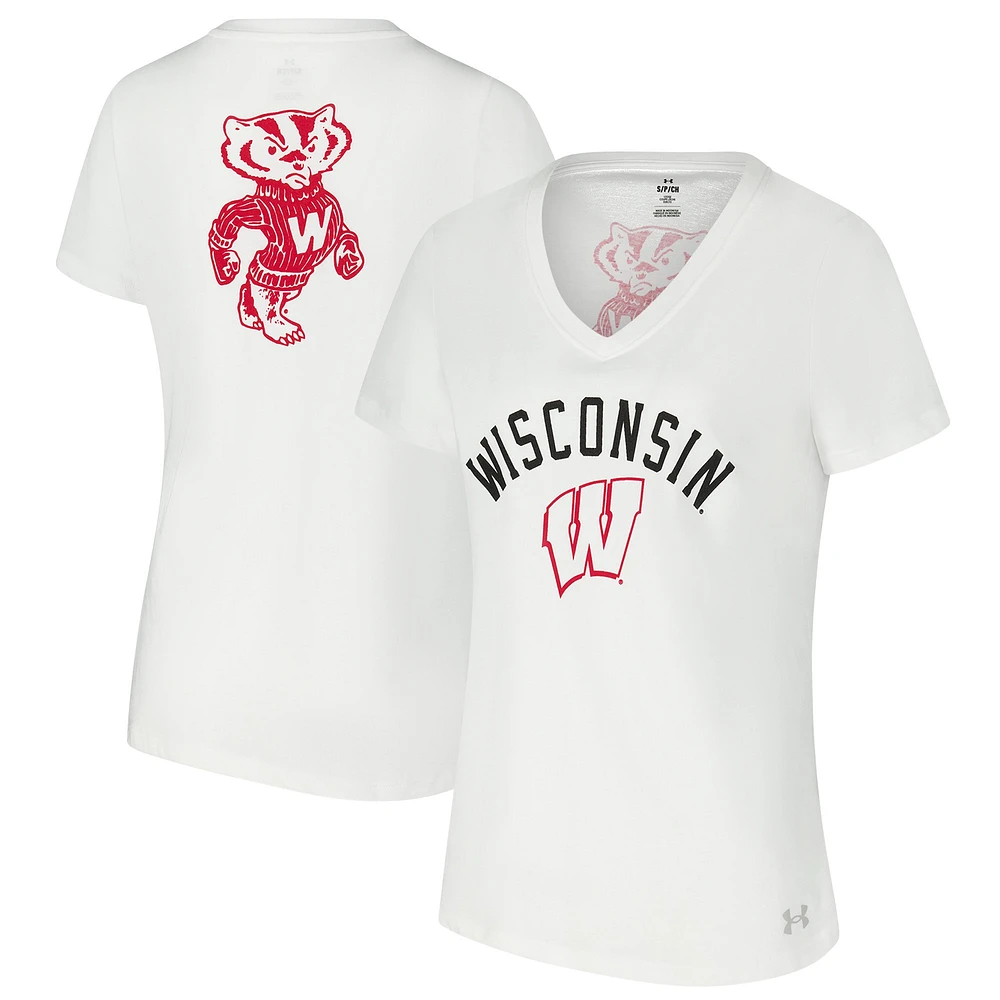 T-shirt blanc à col en V avec logo des Badgers du Wisconsin Under Armour pour femme