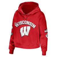 Women's WEAR by Erin Andrews Red Wisconsin Badgers Mixed Media Cropped Pullover Hoodie