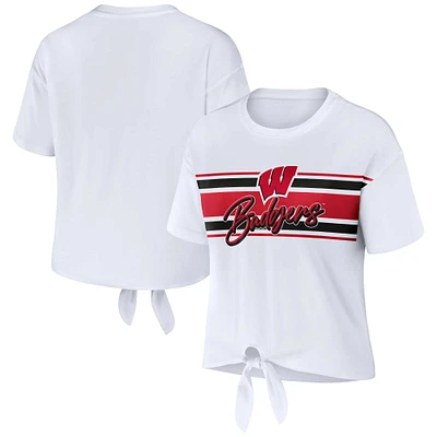 Women's WEAR by Erin Andrews White Wisconsin Badgers Striped Front Knot Cropped T-Shirt