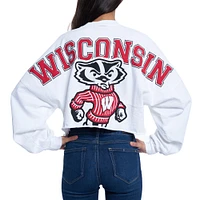 Women's White Wisconsin Badgers Raw Hem Cropped Spirit Jersey Long Sleeve T-Shirt