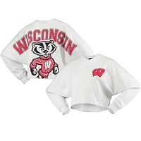 Women's White Wisconsin Badgers Raw Hem Cropped Spirit Jersey Long Sleeve T-Shirt