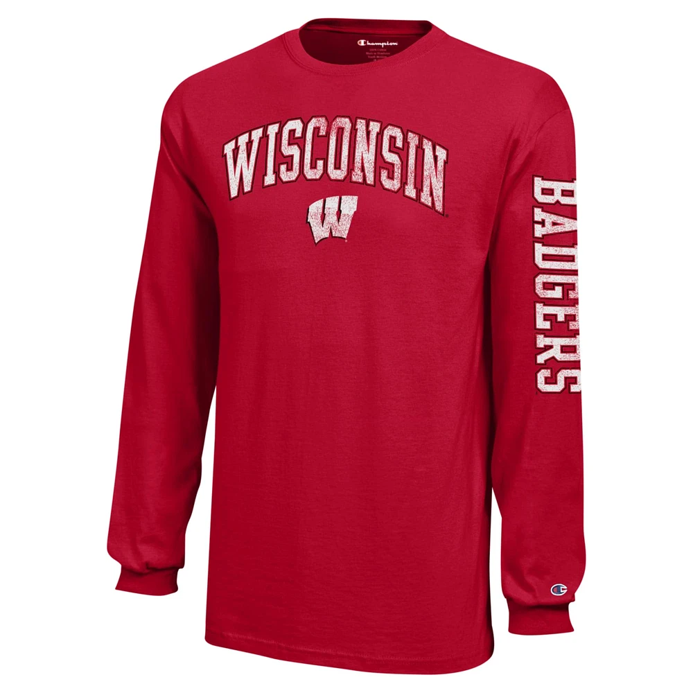 T-shirt à manches longues avec logo vieilli et arches rouges des Wisconsin Badgers, champion jeunes