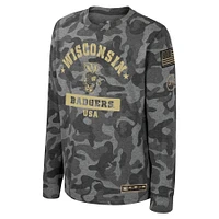 T-shirt à manches longues pour jeunes Colosseum Camo Wisconsin Badgers OHT Appréciation militaire Dark Star