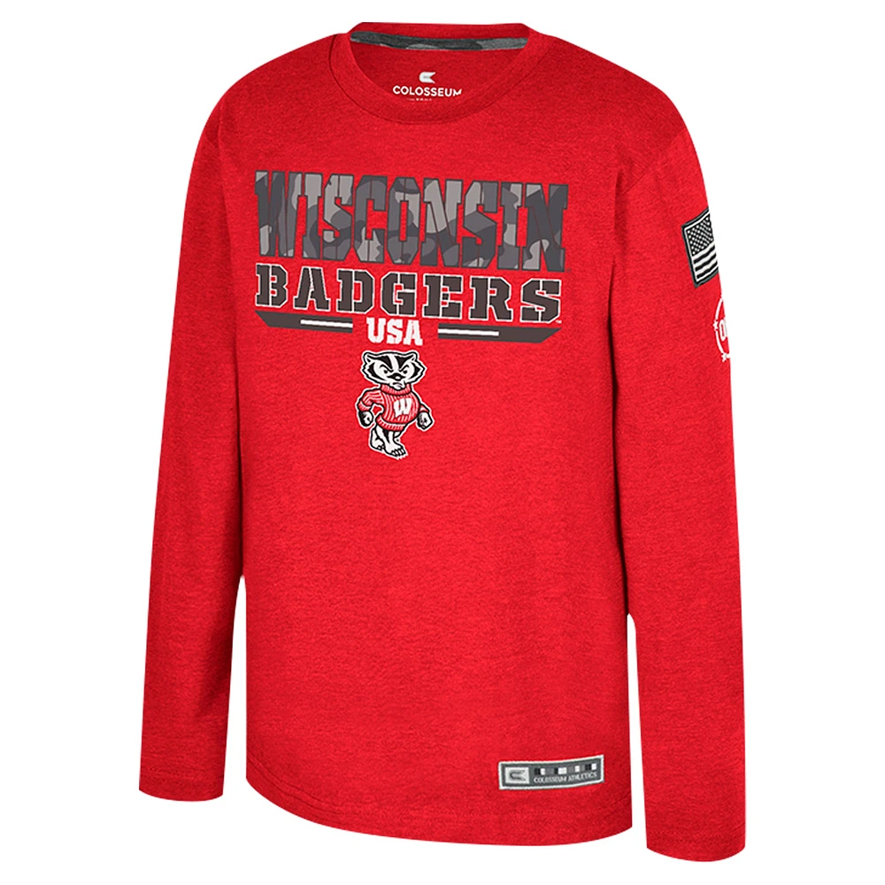 Youth Colosseum Heather Red Wisconsin Badgers OHT Military Appreciation Oorah Long Sleeve T-Shirt