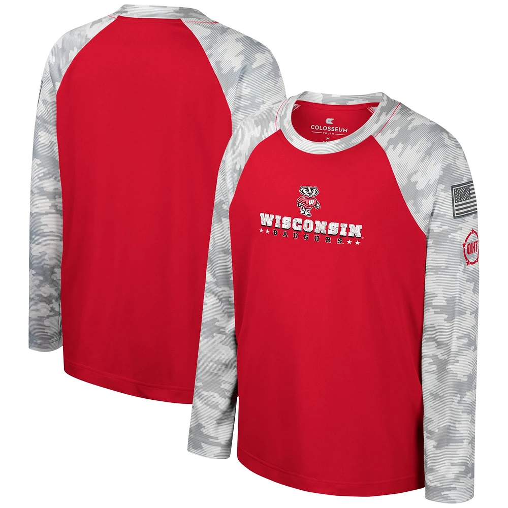 T-shirt à manches longues Raglan pour jeunes Colosseum Red/Camo Wisconsin Badgers OHT Appréciation militaire Dark Star