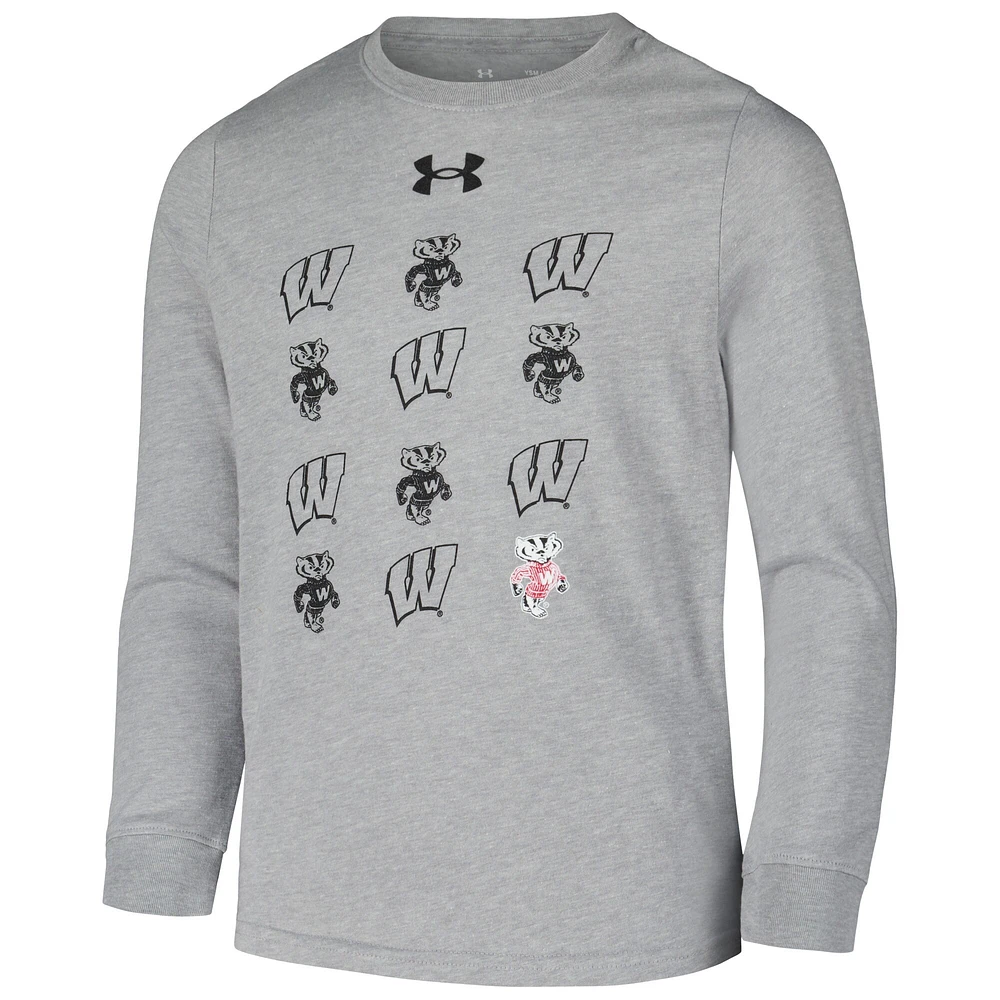 Youth Under Armour Heather Gray Wisconsin Badgers Performance Long Sleeve T-Shirt