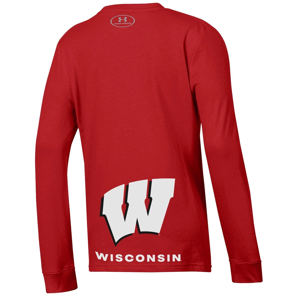 T-shirt à manches longues pour jeunes Under Armour Wisconsin Badgers 2024 On-Court Bench Unity Performance