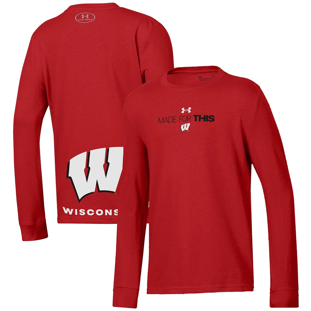 T-shirt à manches longues pour jeunes Under Armour Wisconsin Badgers 2024 On-Court Bench Unity Performance