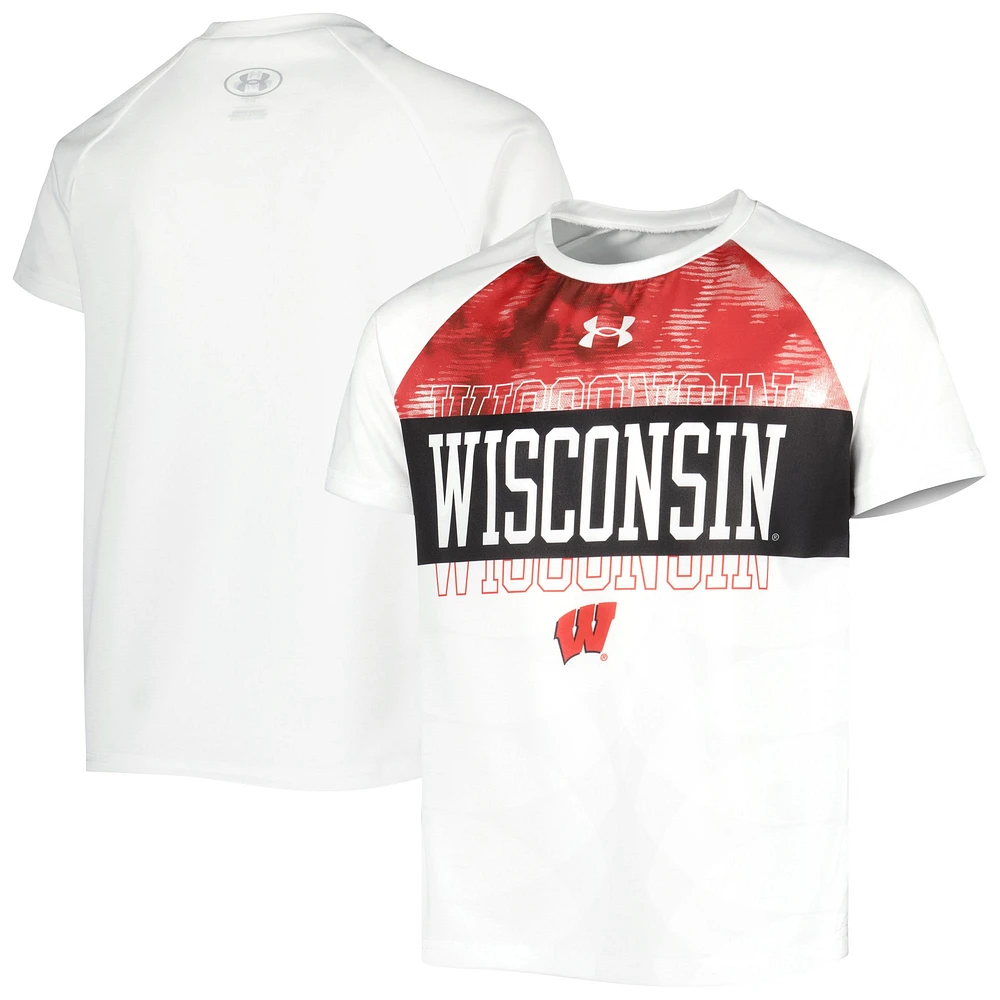 T-shirt à manches raglan Under Armour Wisconsin Badgers Gameday pour enfant, blanc