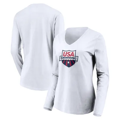 USA Swimming Fanatics Branded Women's Core Primary Logo V-Neck Long Sleeve T-Shirt - White