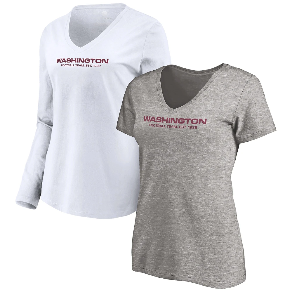 Fanatics pour femmes, équipe de football Washington, gris chiné/blanc - Pack combiné t-shirts à col en V