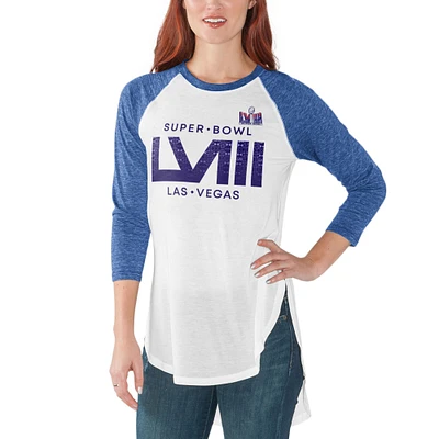 T-shirt à manches 3/4 G-III 4Her par Carl Banks pour femmes, blanc/Royal Super Bowl LVIII Tailgate Raglan