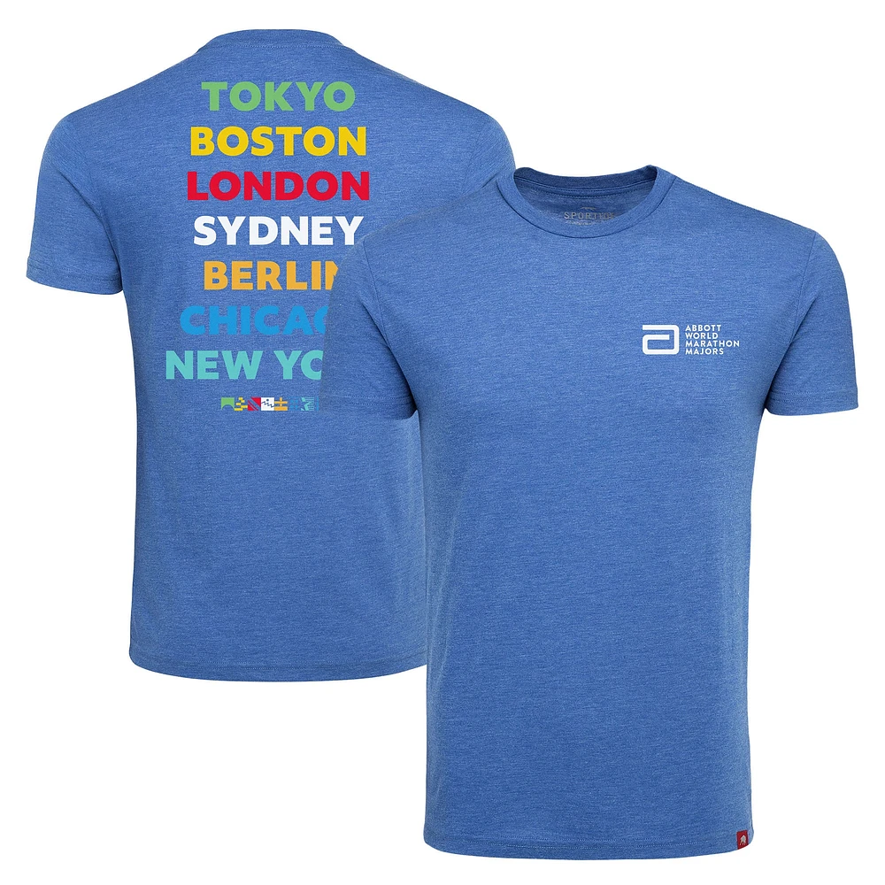 T-shirt unisexe Sportiqe Heather Royal Abbott World Marathon Majors confortable en trois parties