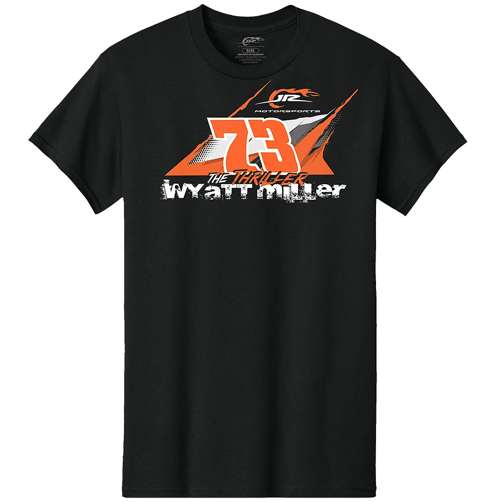 T-shirt noir officiel de l'équipe JR Motorsports pour homme, Wyatt Miller n° 73, vainqueur la course 2025 Hickory Motor Speedway