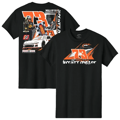 T-shirt noir officiel de l'équipe JR Motorsports pour homme, Wyatt Miller n° 73, vainqueur la course 2025 Hickory Motor Speedway