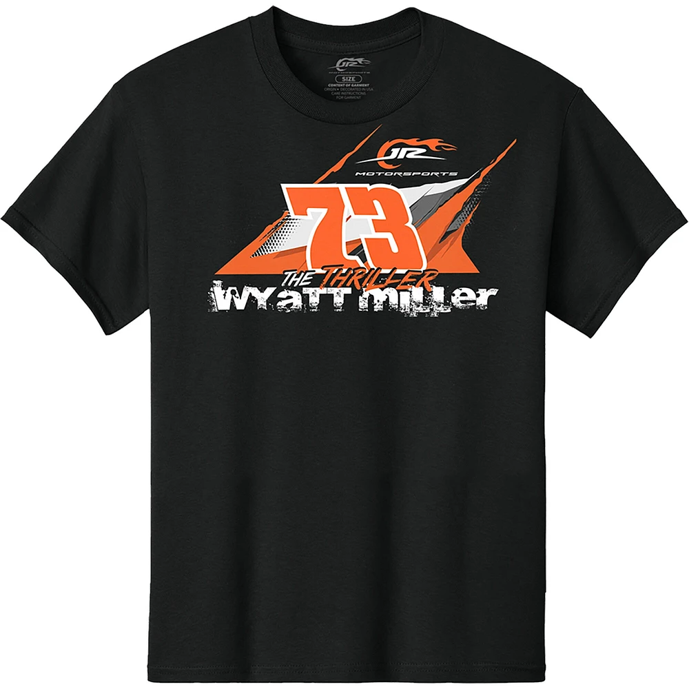 T-shirt noir officiel de l'équipe JR Motorsports pour jeunes, Wyatt Miller n° 73, vainqueur la course 2025 Hickory Motor Speedway, Thriller
