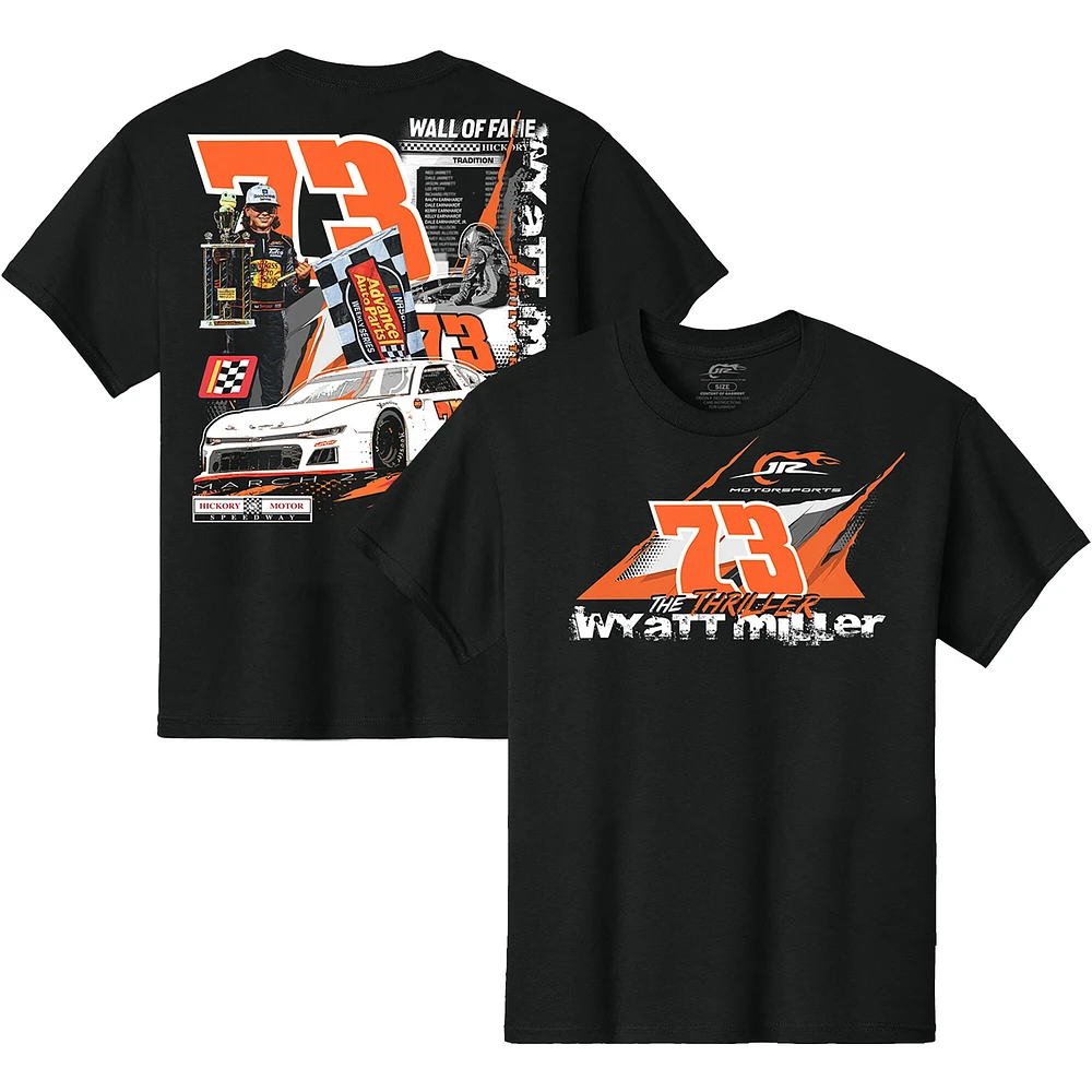 T-shirt noir officiel de l'équipe JR Motorsports pour jeunes, Wyatt Miller n° 73, vainqueur la course 2025 Hickory Motor Speedway, Thriller