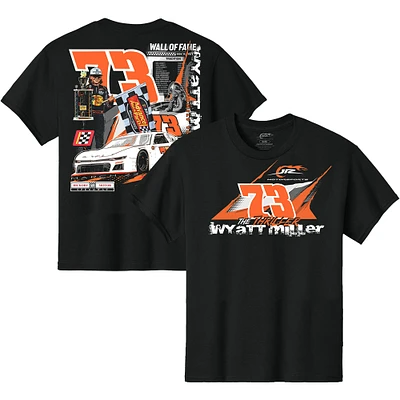 T-shirt noir officiel de l'équipe JR Motorsports pour jeunes, Wyatt Miller n° 73, vainqueur la course 2025 Hickory Motor Speedway, Thriller