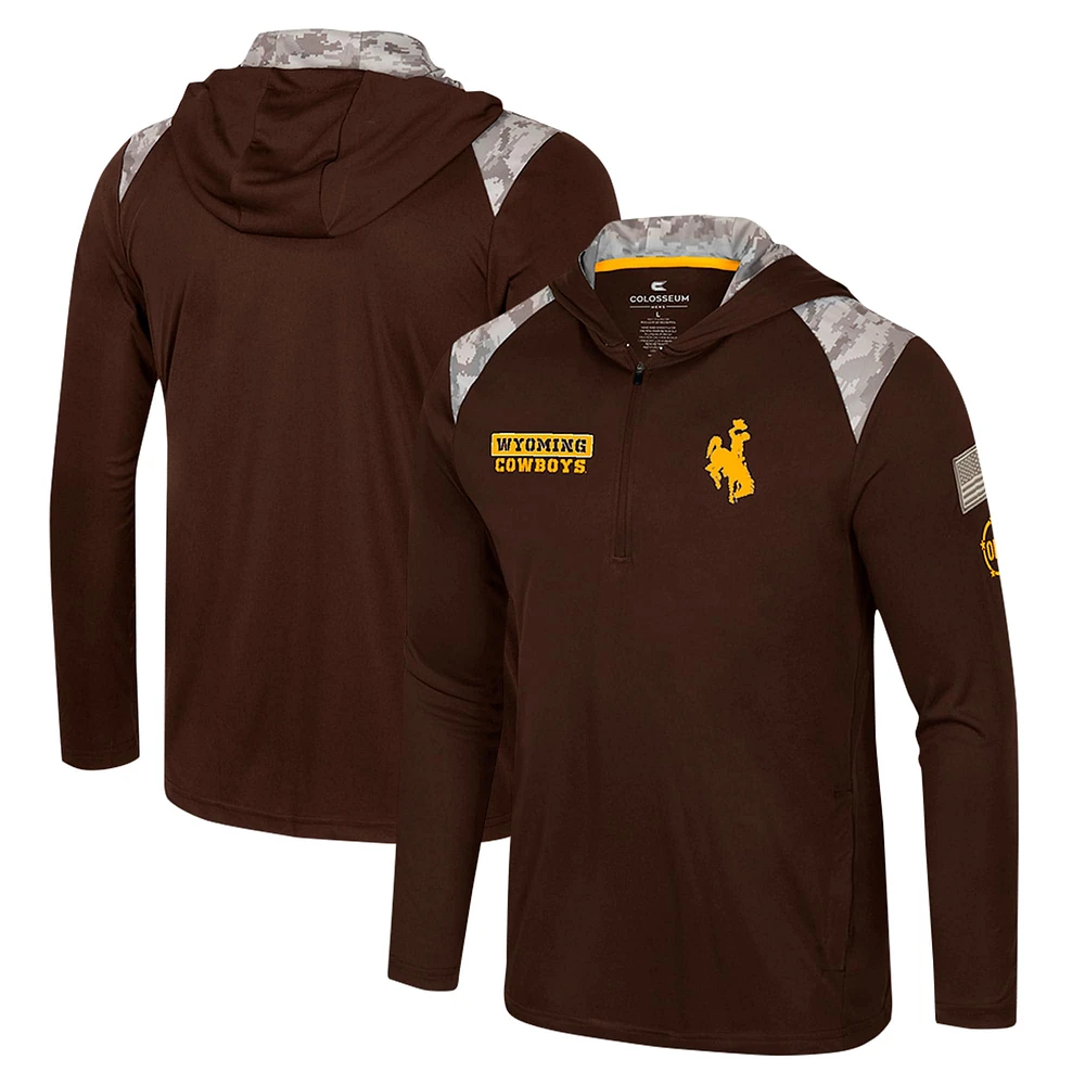 Men's Colosseum Brown Wyoming Cowboys OHT Military Appreciation Quarter-Zip Hoodie Jacket