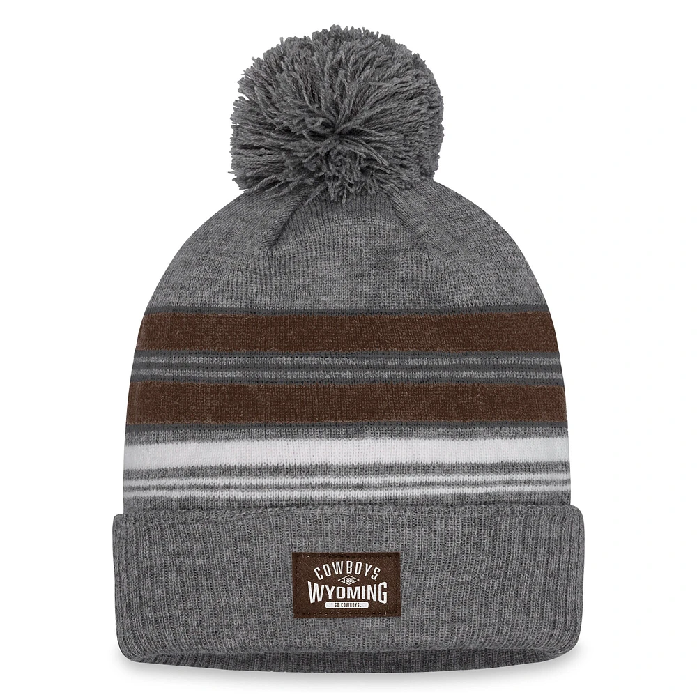 Bonnet en tricot à revers et pompon Top of the World pour homme, gris chiné, Wyoming Cowboys