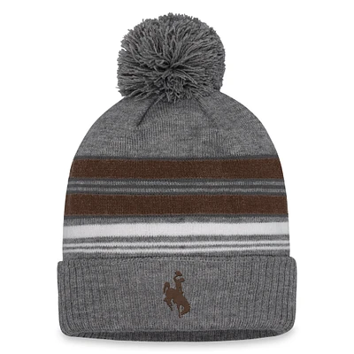 Bonnet en tricot à revers et pompon Top of the World pour homme, gris chiné, Wyoming Cowboys