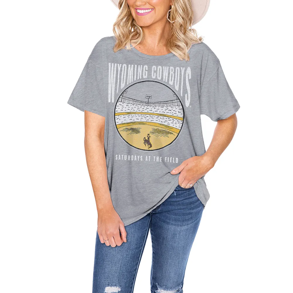 Women's Gameday Couture Gray Wyoming Cowboys No Shortcuts Drop Shoulder Sleeve Stripe Cropped T-Shirt Size: Large