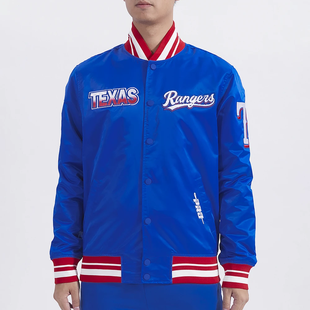 Pro Standard Mens Texas Rangers Turn It Up M Rib Satin Jacket - Blue/Red