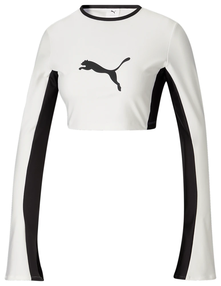 Womens Mall Long T-Shirt LQS PUMA Pueblo Sleeve Cropped | White/Black X -