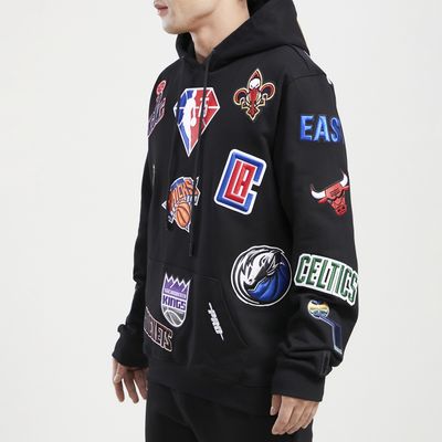 FISLL Men's NBA Logos All Over Print Fleece Hoodie, Black, Size: XL, Fleece/Cotton