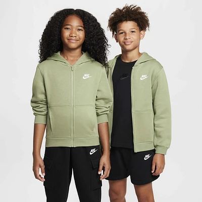 Nike Boys NSW Club Fleece Full-Zip LBR Hoodie - Boys' Grade School Oil Green/White