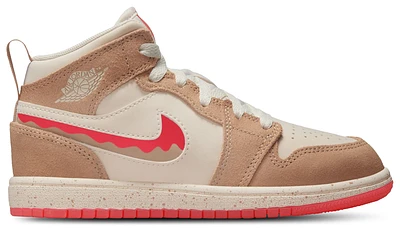 Jordan Girls AJ 1 MID SE FEM - Girls' Preschool Shoes Desert/Fusion Red/Pale Ivory