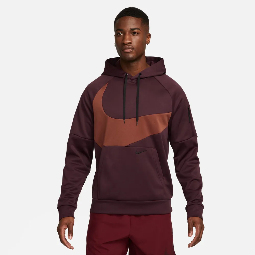 Nike Mens Nike Therma Fleece Pullover Swoosh Hoodie - Mens Night Maroon/Night Maroon/Rugged Orange Size M