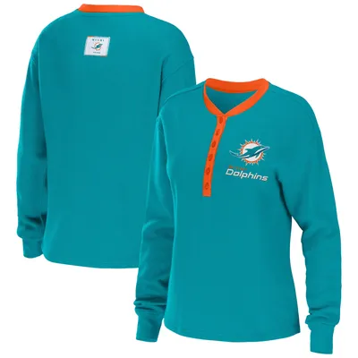 WEAR by Erin Andrews Dolphins Waffle Henley Long Sleeve T-Shirt - Women's