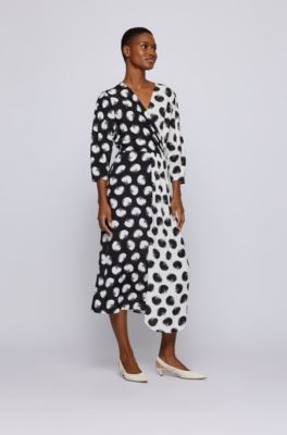 Wrap-front regular-fit dress with mixed prints