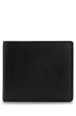 Leather billfold wallet with raised logo and coin pocket