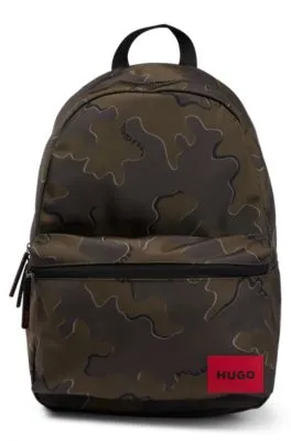 Camouflage-print backpack with red logo label