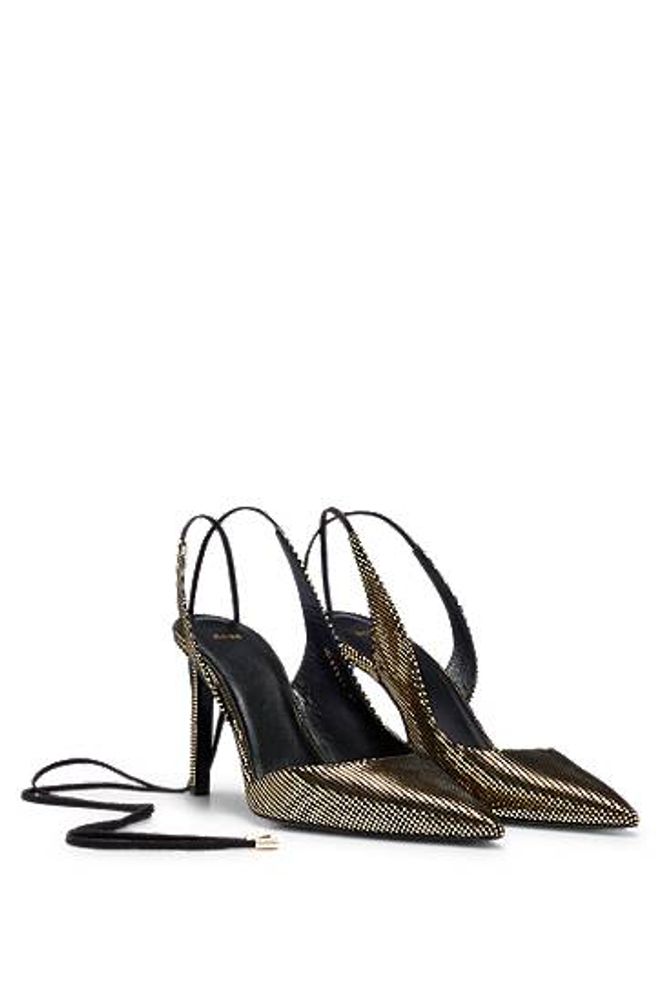Escarpins à talon ouvert en cuir à effet métallisé, avec liens à nouer