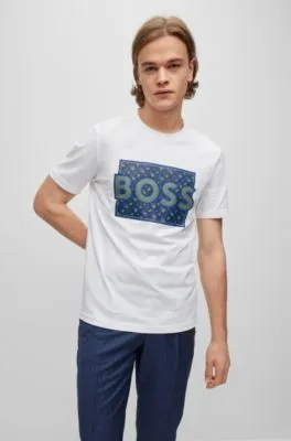 BOSS - Cotton-jersey T-shirt with city artwork and rhinestone logo