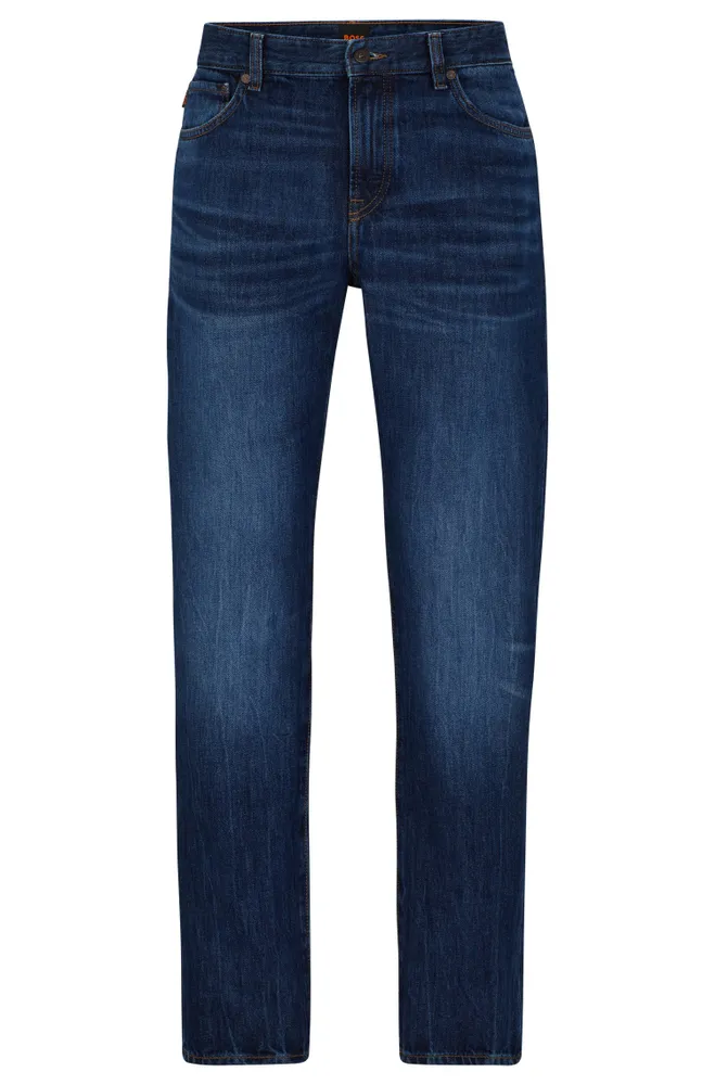 Jean Regular Fit au délavage léger en denim rigide indigo