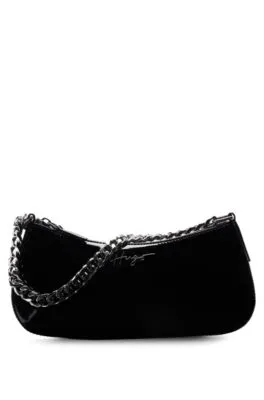 Branded hobo bag in faux patent leather