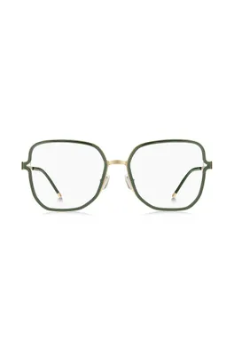 Monture optique verte avec branches à découpe et chaînette logotée