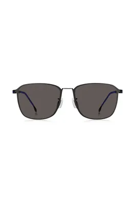 Lunettes de soleil noires en acier inoxydable avec embouts en plastique bleu