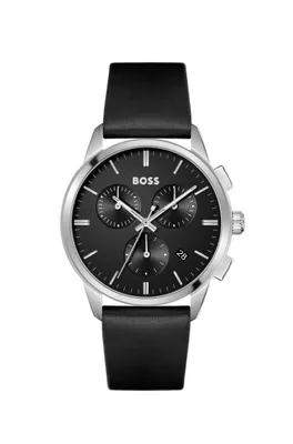 Montre chronographe avec cadran noir et bracelet en cuir noir